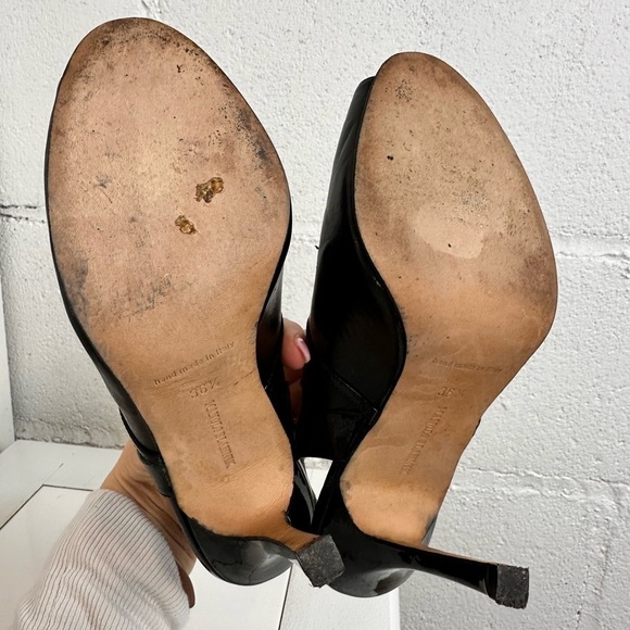 Manolo Blahnik Black Leather Printed Slingback Peep Toe Pumps – Size 36.5 - Picture 11 of 12